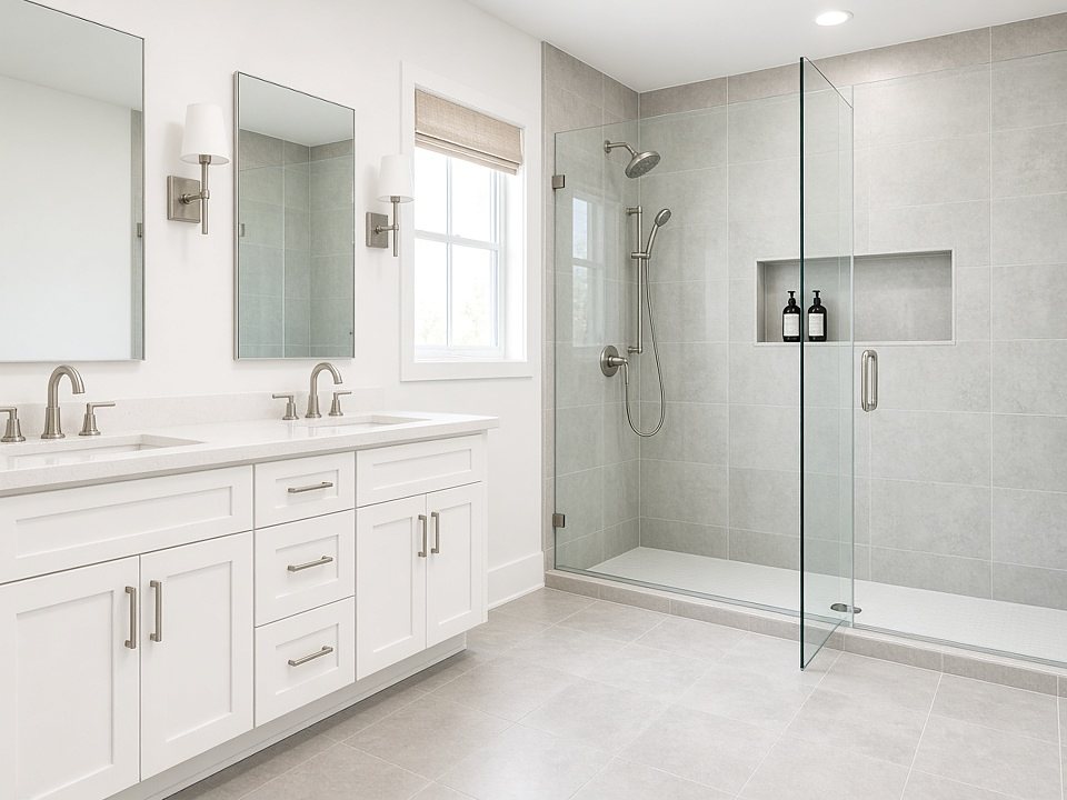 Remodeled bathroom with white double vanity and walk-in glass shower