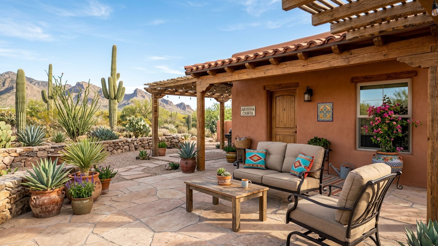 After — covered porch and casita with flagstone patio and desert landscaping