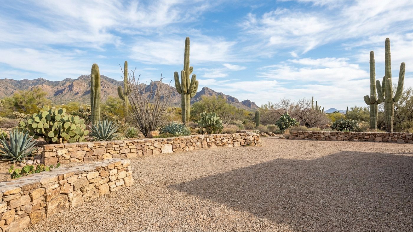 Before — bare gravel yard with stone retaining walls before the porch and casita