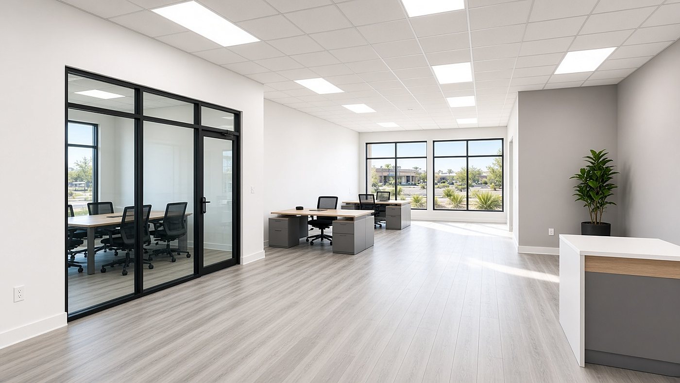 After — finished office suite with glass conference room, LED ceiling, and vinyl plank floor