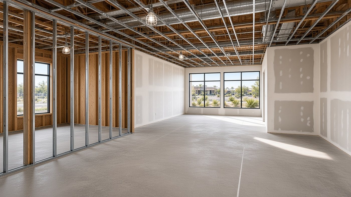 Before — bare commercial shell with concrete slab, exposed ceiling, and stud framing
