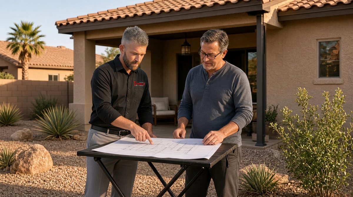 Builder reviewing plans with a homeowner at a Maricopa County home