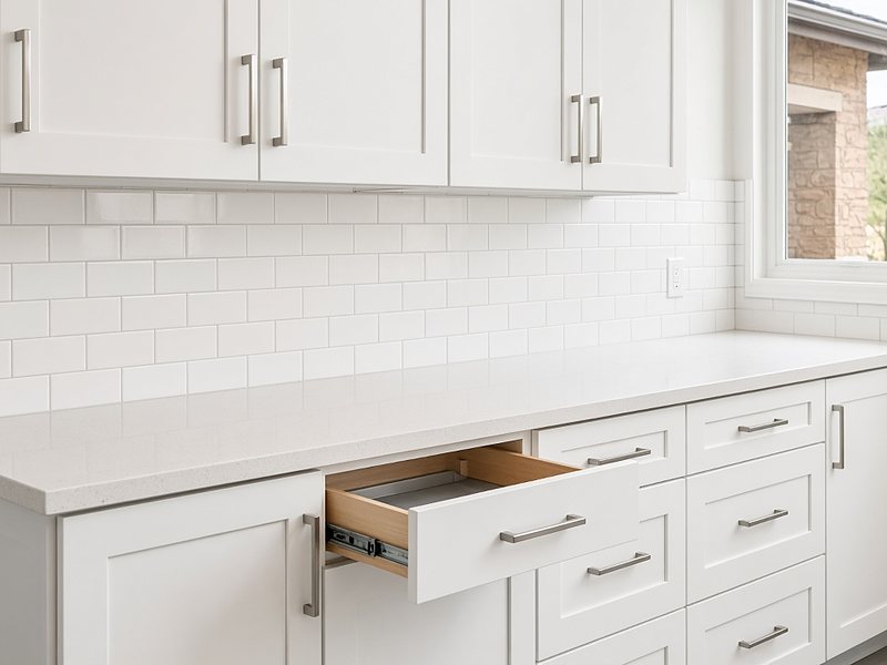 White shaker kitchen cabinets with soft-close drawer and quartz countertop