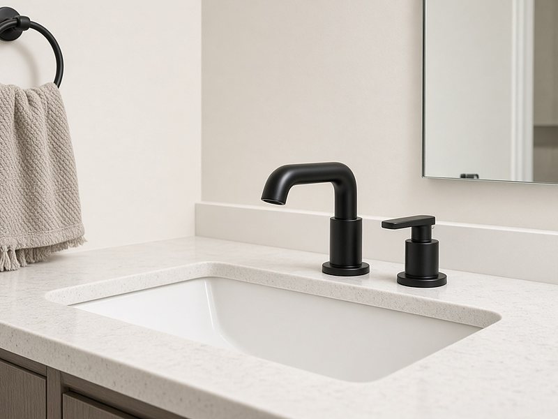 Matte black bathroom faucet and towel ring on a quartz vanity