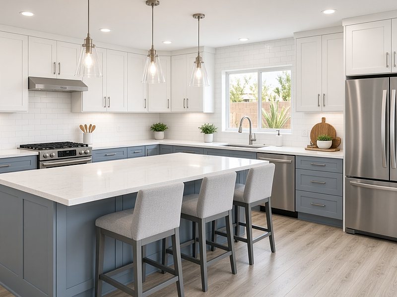 Remodeled kitchen with quartz island, pendant lights, and stainless appliances