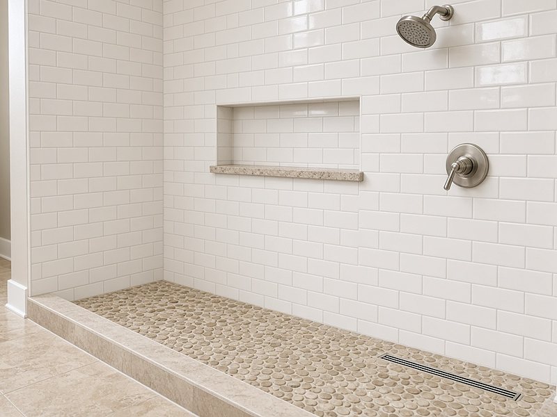 Subway tile shower with stone niche sill and pebble mosaic floor